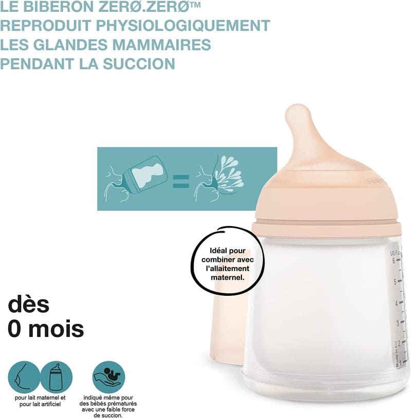 Biberon Anti Colique 180 ml avec Tétine à Débit Adaptable + Poche Anti Colique Silicone de Rechange 