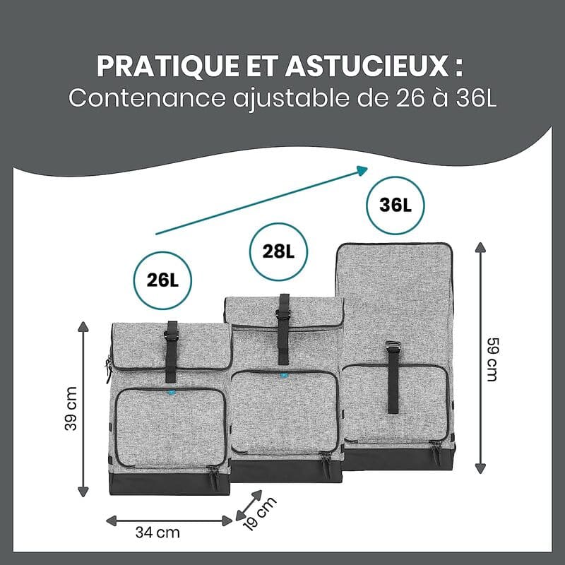 Le sac à dos à langer le sancy  offre une large capacité, entre 26 à 36 litres !